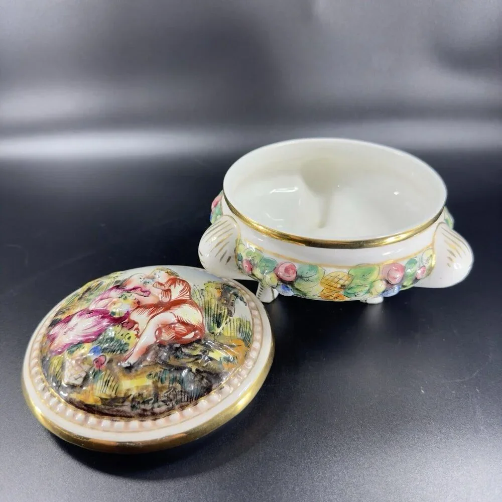 Vintage Capodimonte Italian Pottery Covered Dish Covered Bowl Dish Painted Italy
